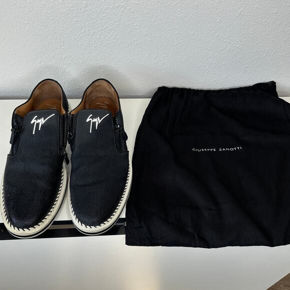 Giuseppe Zanotti Ron Costner Sneaker Black Leather Emboss Cream Side Zip 43 / 10 - Picture 2 of 16